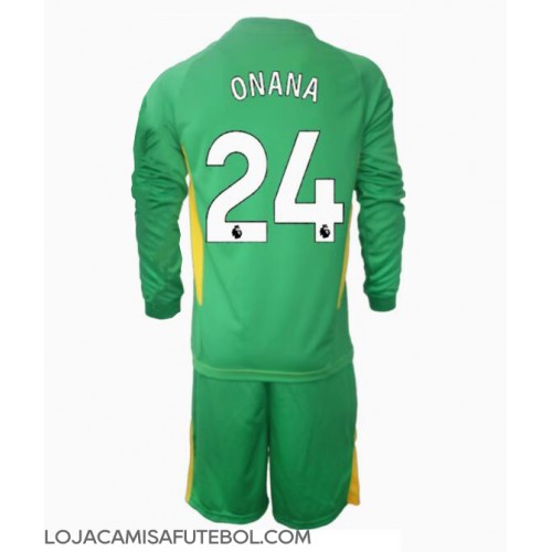 Camisa de Futebol Manchester United Andre Onana #24 Goleiro Equipamento Alternativo Infantil 2024-25 Manga Comprida (+ Calças curtas)